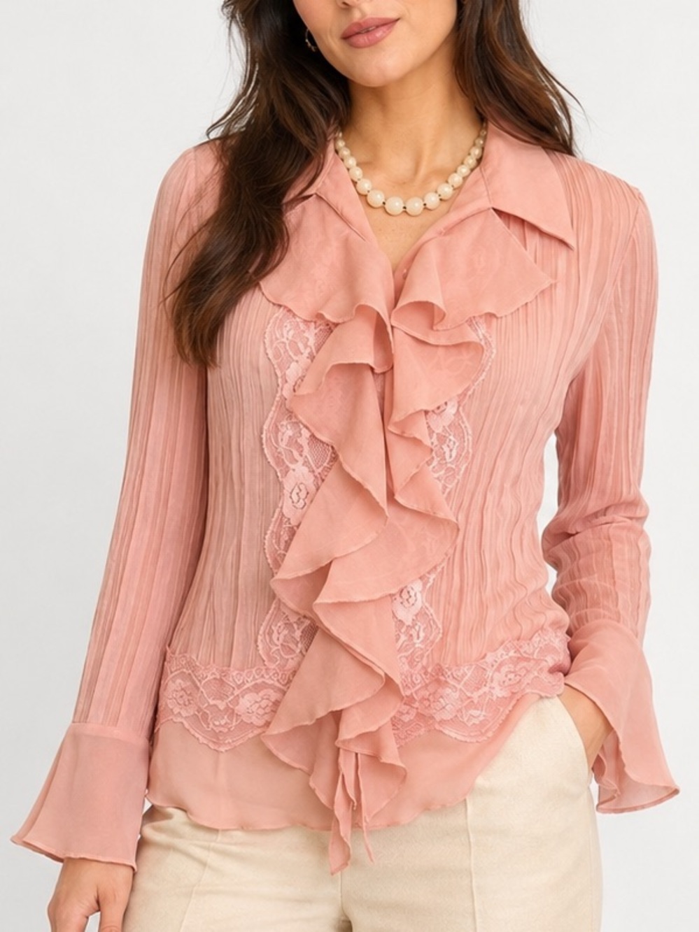 Chadwick’s Vintage 90s Pink Ruffle Lacy Secretary Blouse Demure Coquette Top | M